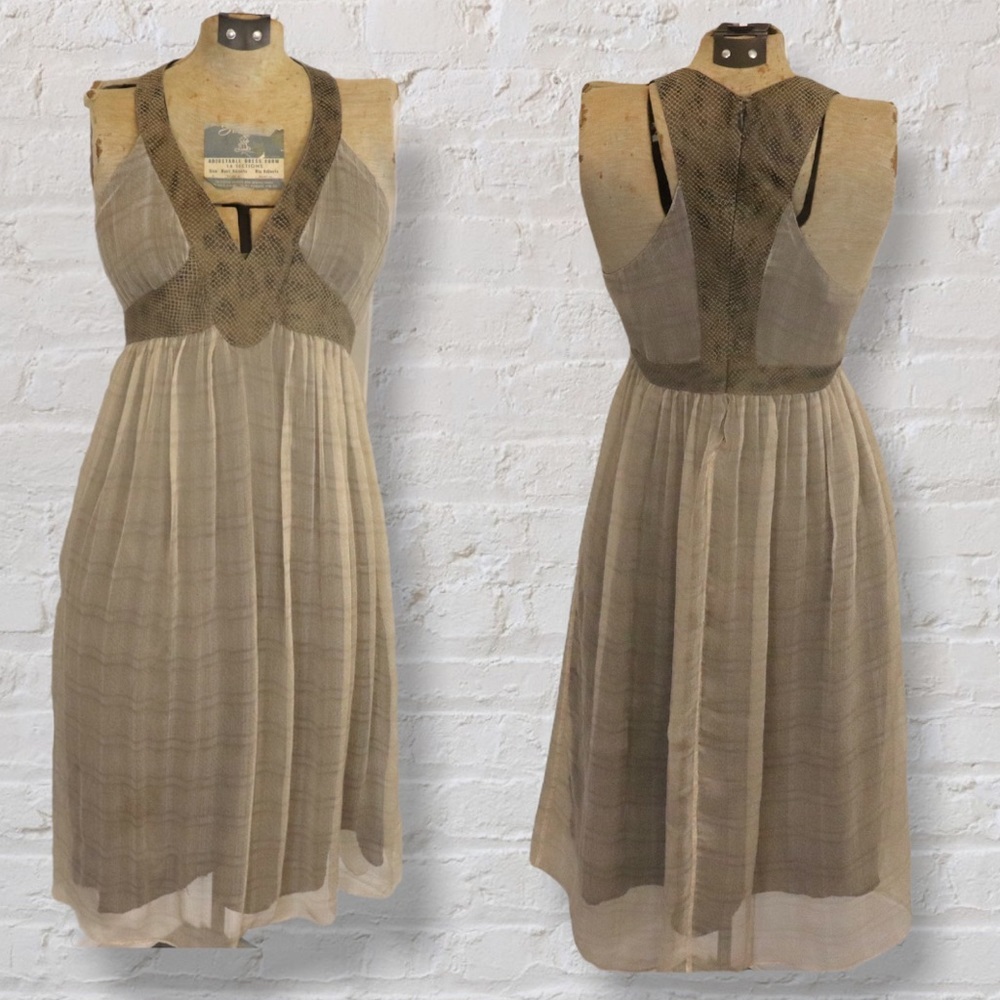 June Green Snakeskin Sheer Halter Sleeveless Empire Waist Knee Length Silk Dress
